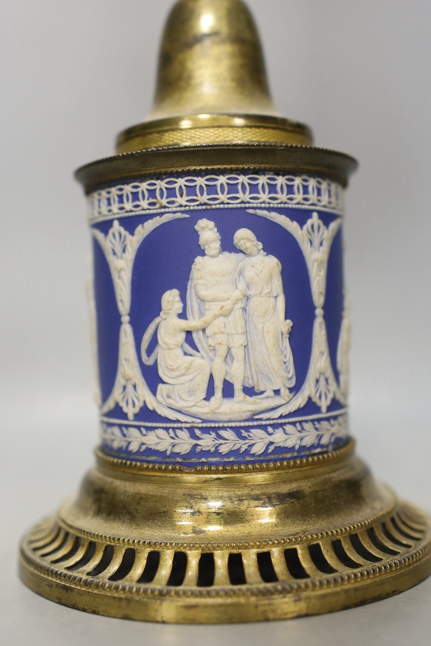 A 19th century storm lantern with jasper-ware base, 51cm